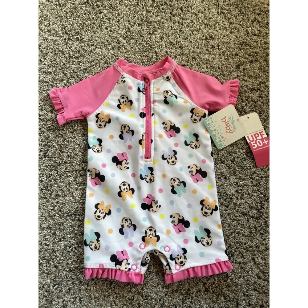NEW DISNEY BABY 3/6m Girls Swim Suit 1pc Minnie Mouse Rash Guard UPF 50+ J25